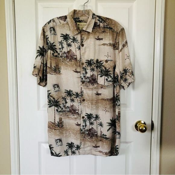 Havana Jack’s Cafe Hawaiian Shirt Small Aloha Tan Palm Tree Beach Coconut Bttns - Picture 2 of 9